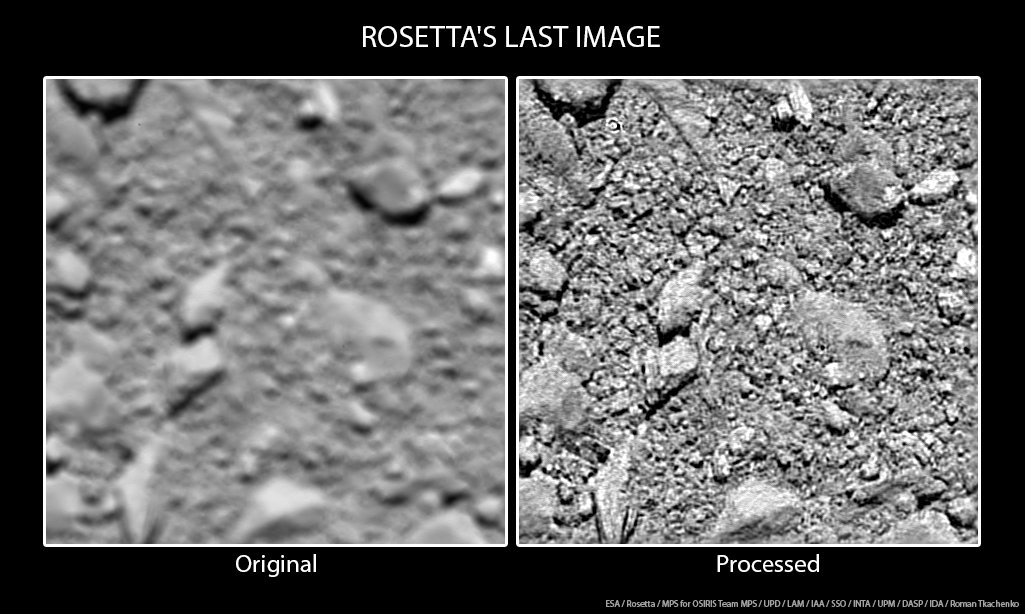 Obr.3: Posledný záber zo sondy Rosetta odfotený tesne pred dopadom na povrch kométy. Výška nad povrchom je len 20m. Zdroj: ESA
